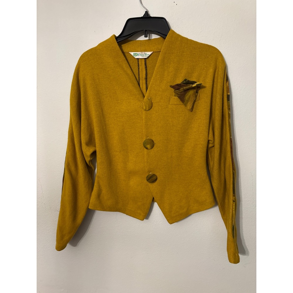 Chau Roo Cardigan Jacket Women Small Yellow Excellent Vintage Knit Pocket Square